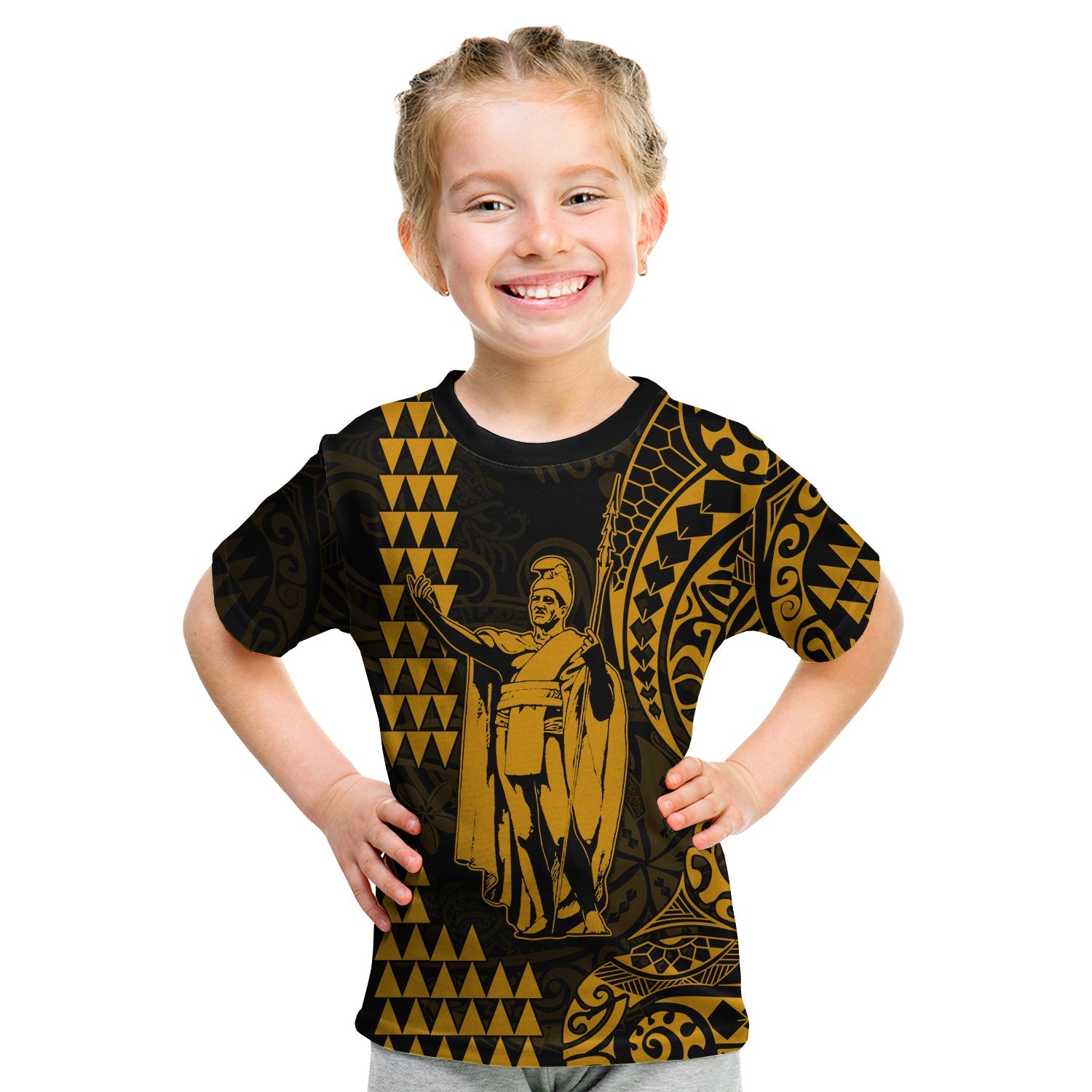 Hawaii Day Kakau T Shirt KID Proud To Be Hawaiian Gold King Kamehameha and Kanaka Maoli LT13 Youth XL Size14 - Polynesian Pride