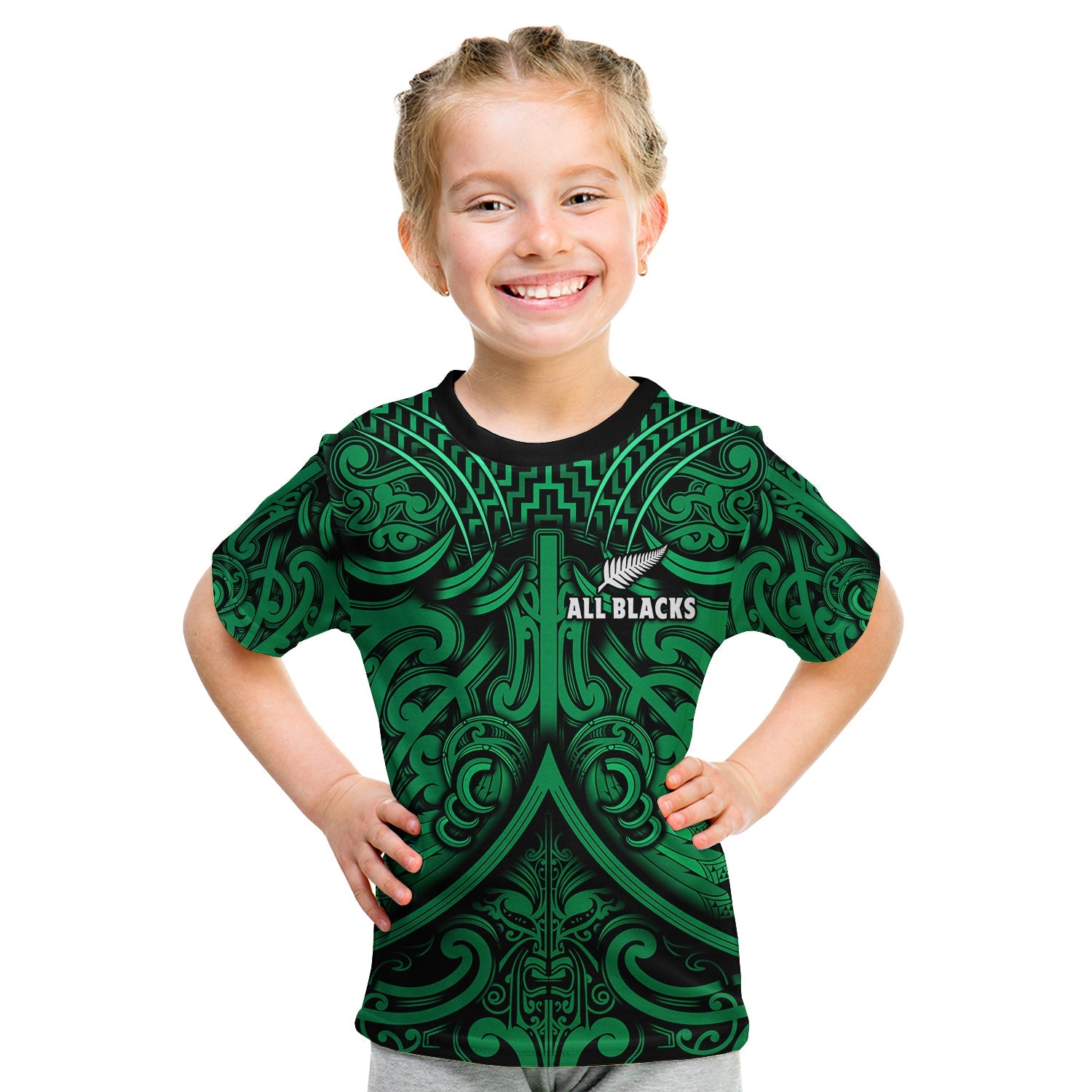 New Zealand Silver Fern Rugby T Shirt KID All Black Green NZ Maori Pattern LT13 - Polynesian Pride