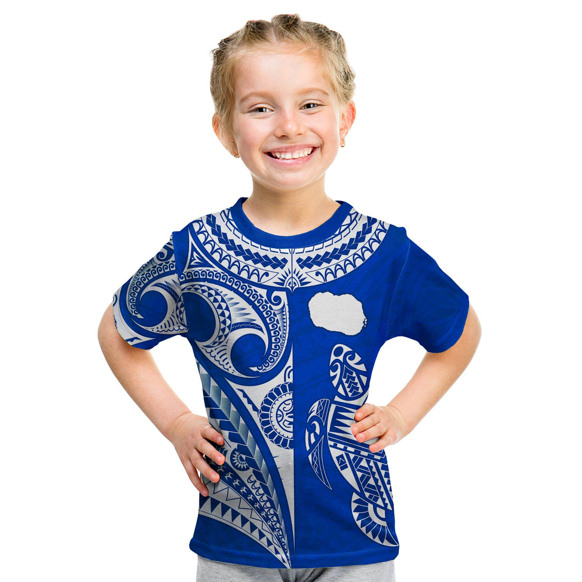 Rarotonga Cook Islands T Shirt KID Turtle and Map Style Blue LT13 Youth XL Size14 - Polynesian Pride