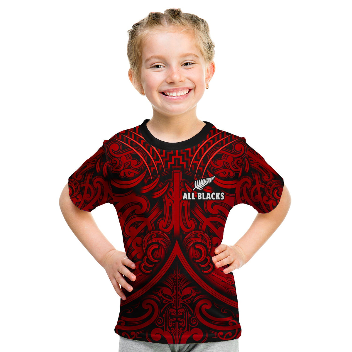 New Zealand Silver Fern Rugby T Shirt All Black Red NZ Maori Pattern LT13 - Polynesian Pride