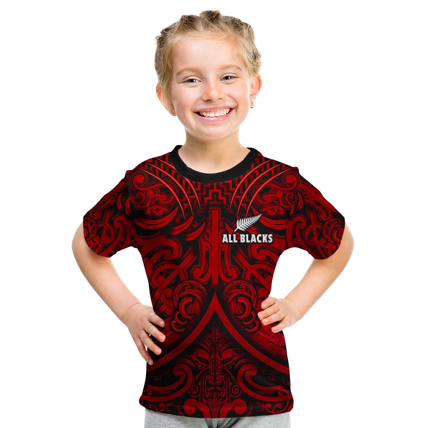 New Zealand Silver Fern Rugby T Shirt KID All Black Red NZ Maori Pattern LT13 - Polynesian Pride