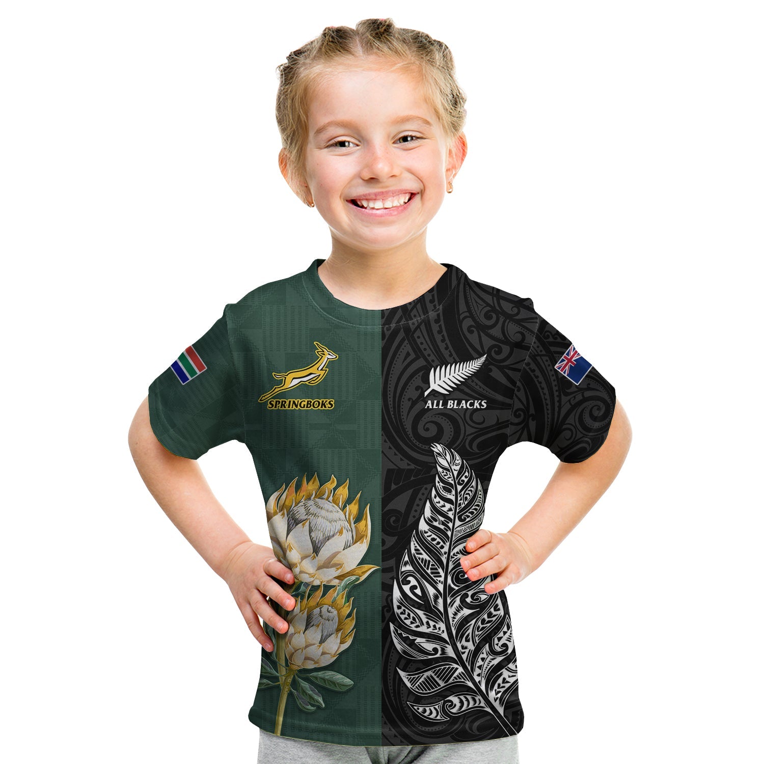 South Africa Protea and New Zealand Fern T Shirt KID Rugby Go Springboks vs All Black LT13 Youth XL Size14 - Polynesian Pride
