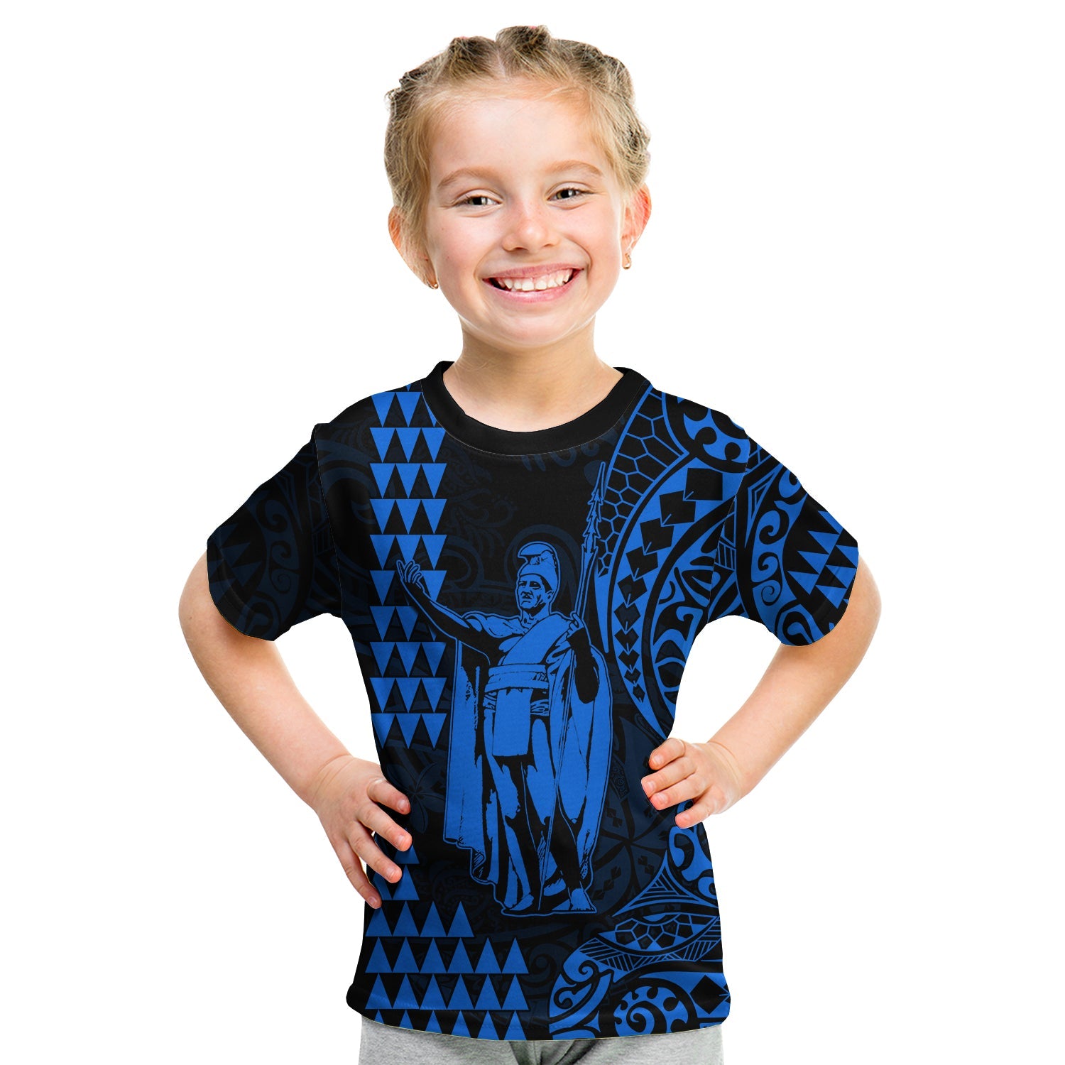 Hawaii Day Kakau T Shirt KID Proud To Be Hawaiian Blue King Kamehameha and Kanaka Maoli LT13 Youth XL Size14 - Polynesian Pride