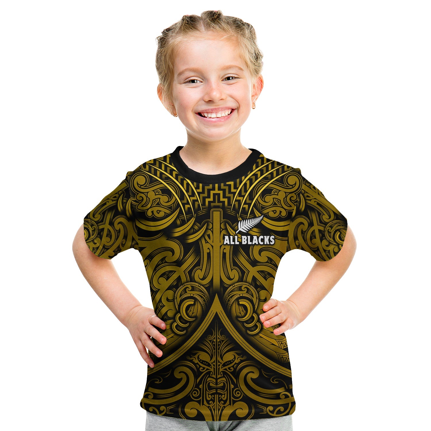 New Zealand Silver Fern Rugby T Shirt KID All Black Gold NZ Maori Pattern LT13 Youth XL Size14 - Polynesian Pride