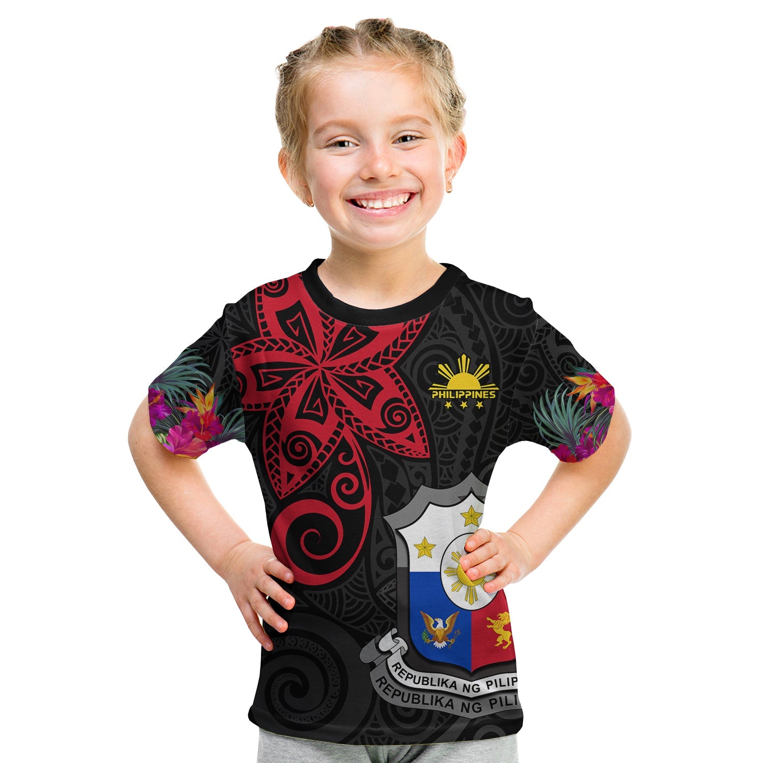 (Custom Personalised) Philippines T Shirt KID Sun Filipino Polynesian mix Flowers Black Vibe LT13 Youth XL Size14 - Polynesian Pride