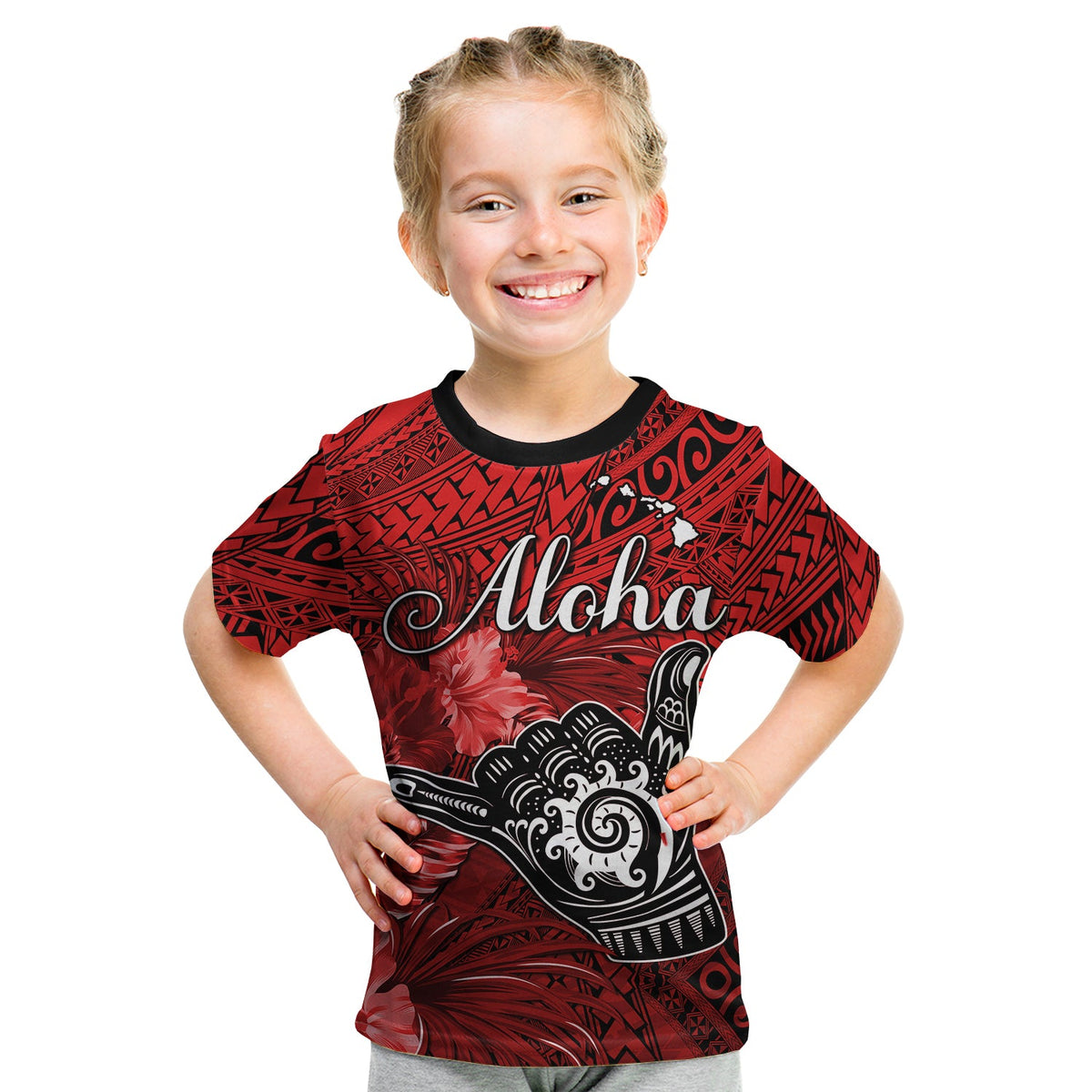 (Custom Personalised) The Shaka Hawaii T Shirt KID Tropical Flowers Red Version LT13 Youth XL Size14 - Polynesian Pride