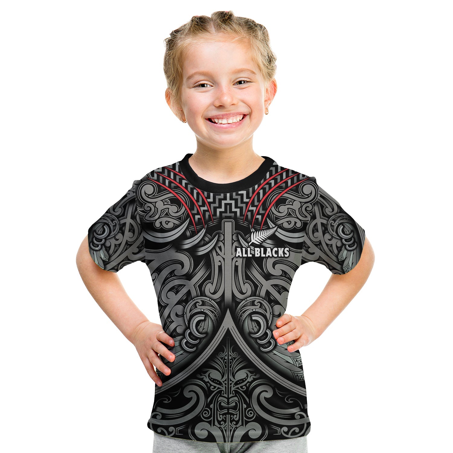 New Zealand Silver Fern Rugby T Shirt KID All Black NZ Maori Pattern LT13 Youth XL Size14 - Polynesian Pride