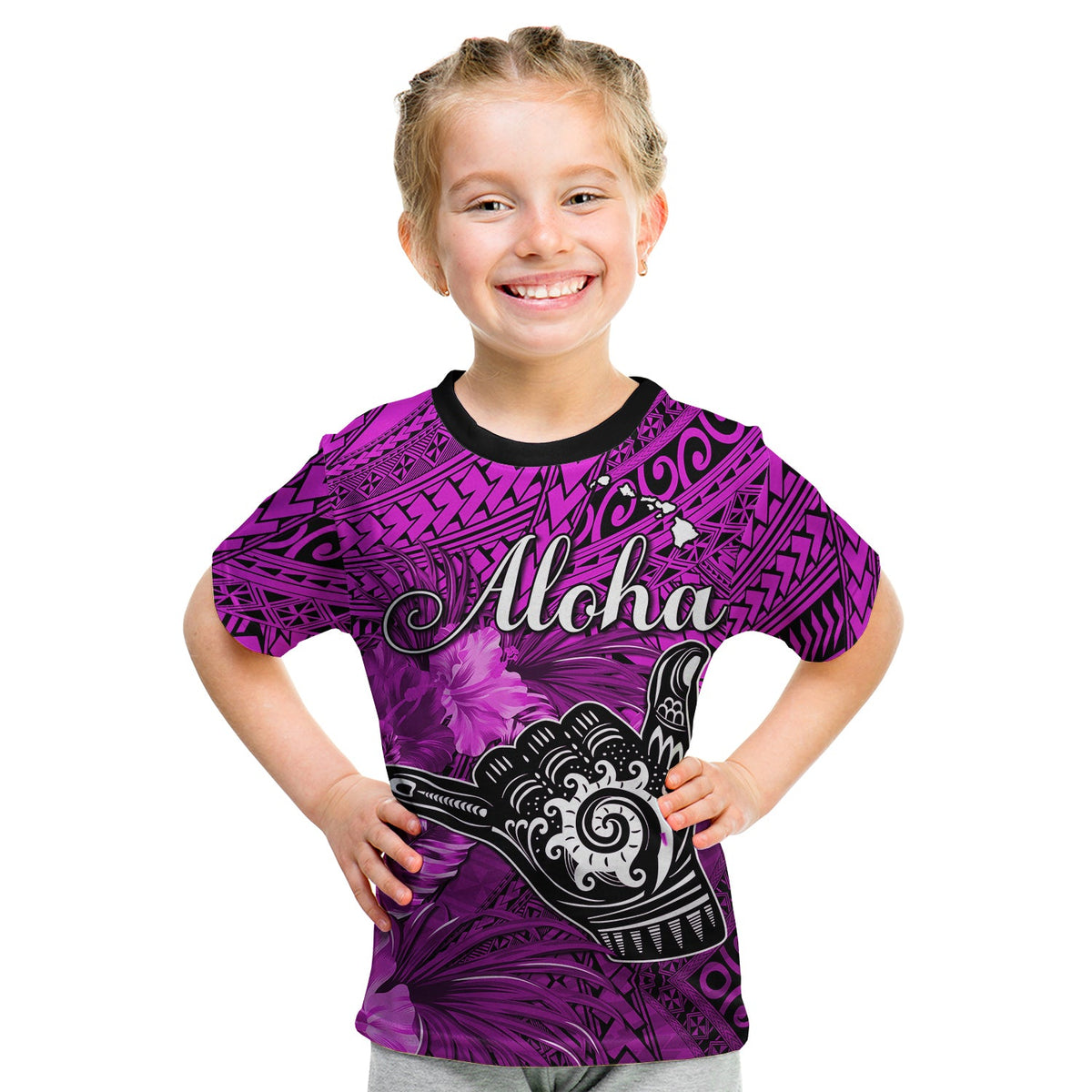 (Custom Personalised) The Shaka Hawaii T Shirt KID Tropical Flowers Purple Version LT13 Youth XL Size14 - Polynesian Pride