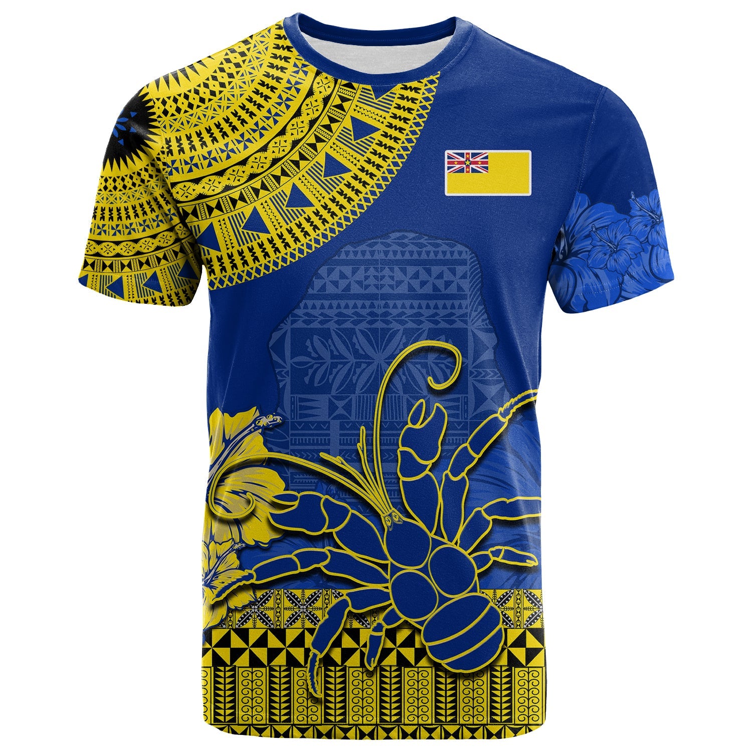 Niue Hiapo T Shirt Rock of Polynesia Tapa Niuean Crab Happy Day LT13 Blue - Polynesian Pride