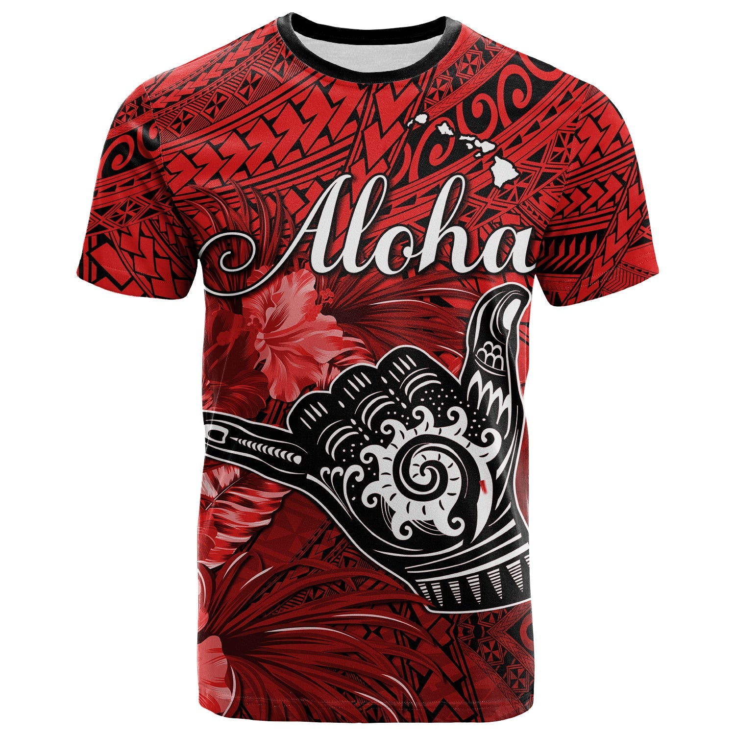 Custom The Shaka Hawaii T Shirt Tropical Flowers Red Version LT13 Red - Polynesian Pride