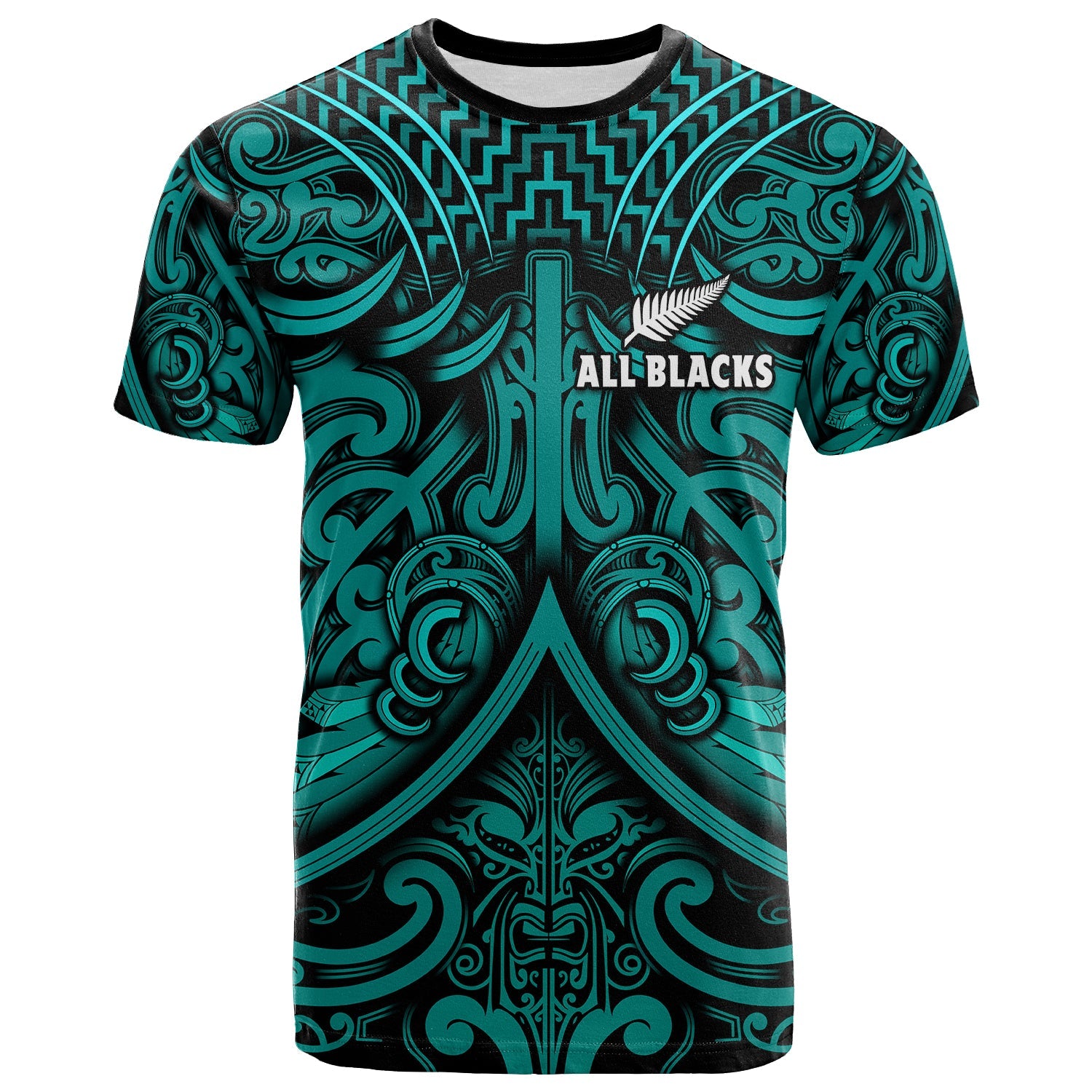 New Zealand Silver Fern Rugby T Shirt All Black Turquoise NZ Maori Pattern LT13 Turquoise - Polynesian Pride