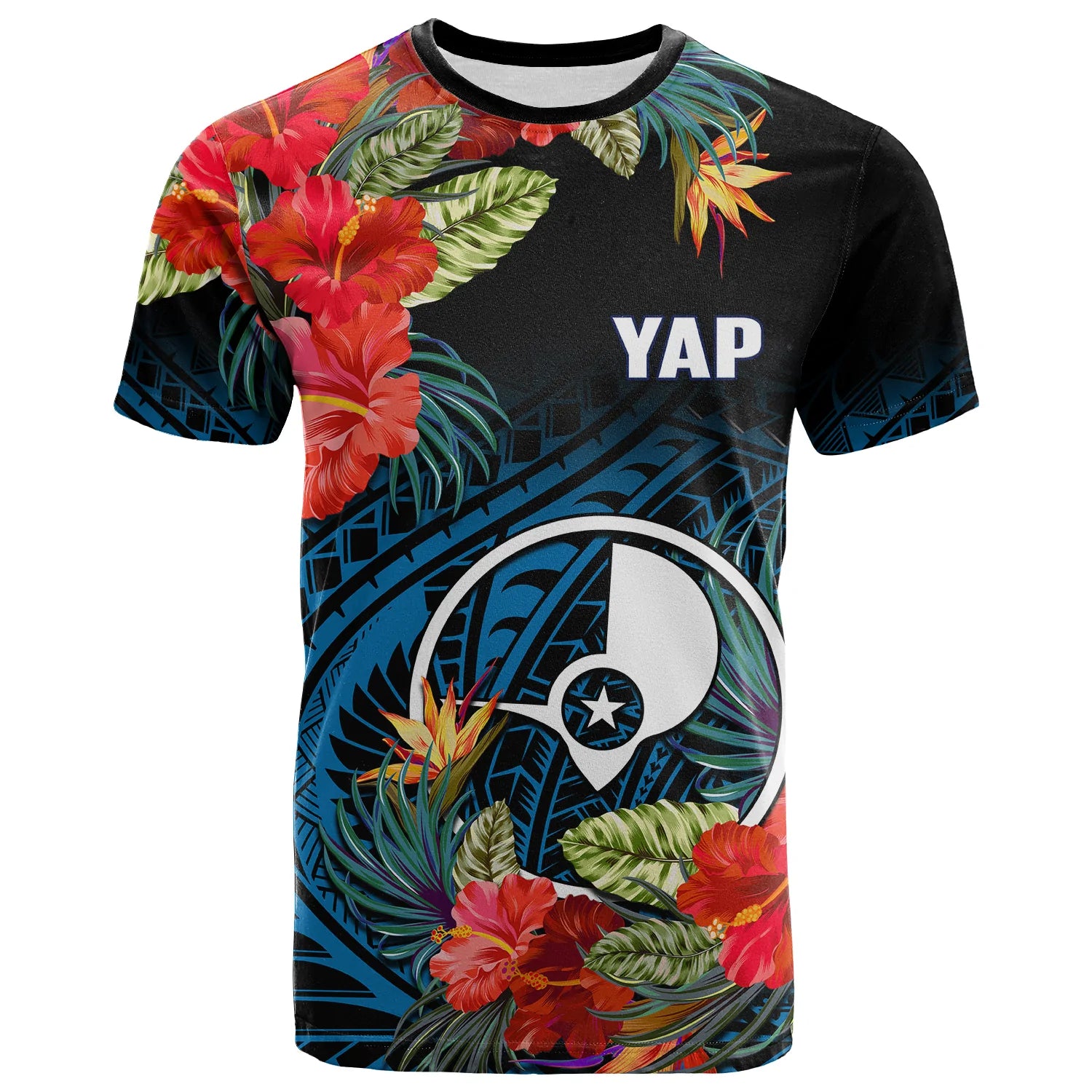 Yap State T Shirt FSM Hibiscus Flowers Mix Polynesian LT14 Blue - Polynesian Pride