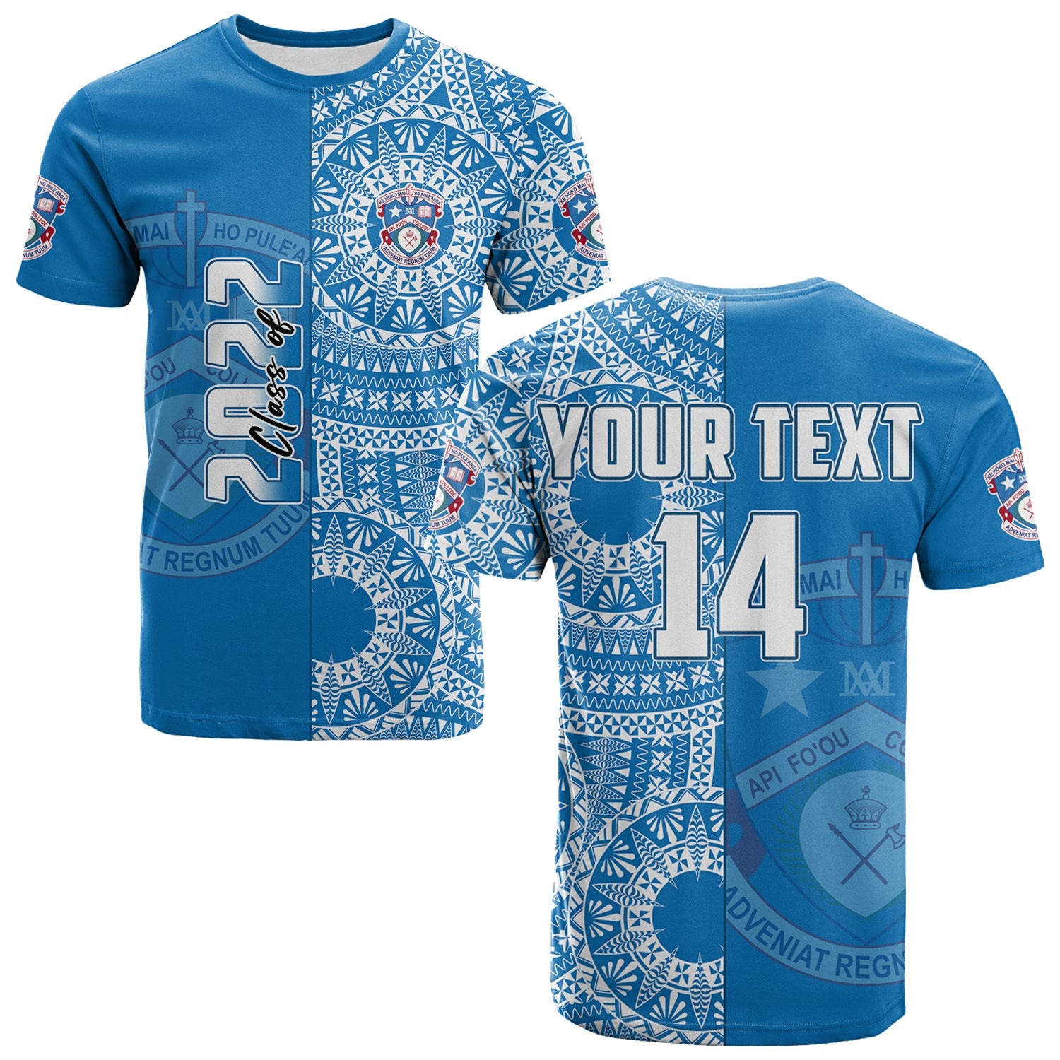 (Custom Text and Number) Apifoou Tonga College T Shirt Class of Year Tongan Ngatu Pattern LT14 Adult Blue - Polynesian Pride