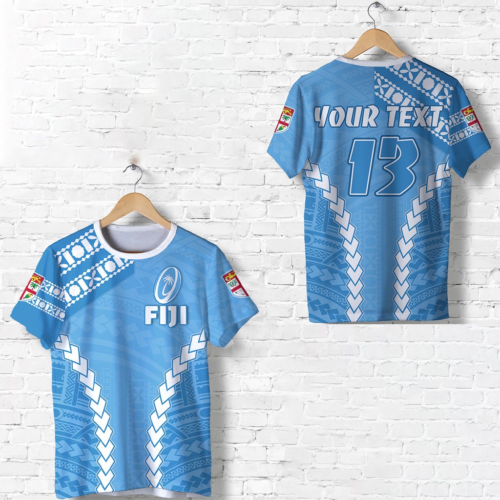 Custom Fiji Rugby T Shirt Fresh Version Blue Custom Text and Number Unisex Blue - Polynesian Pride