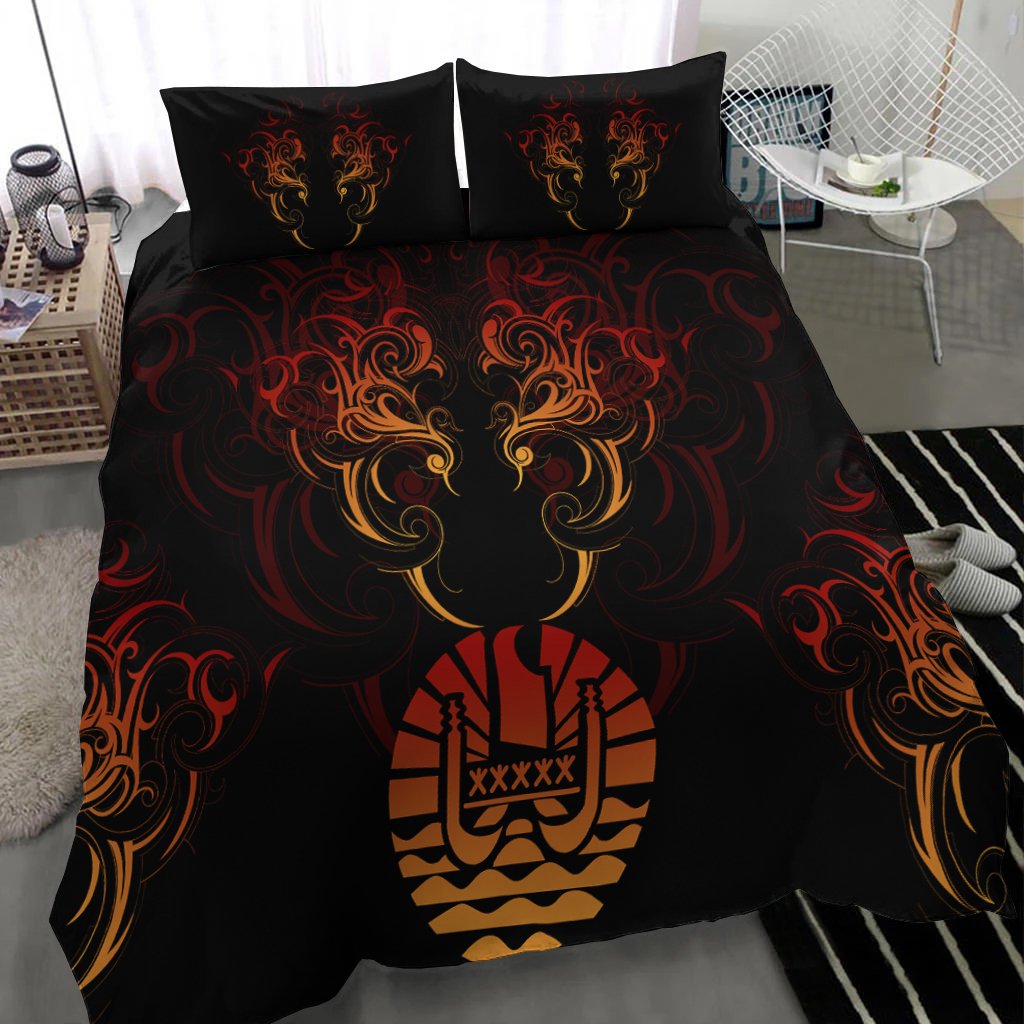 Tahiti Bedding Set - Coat Of Arms With Tribal Pattern Red - Polynesian Pride