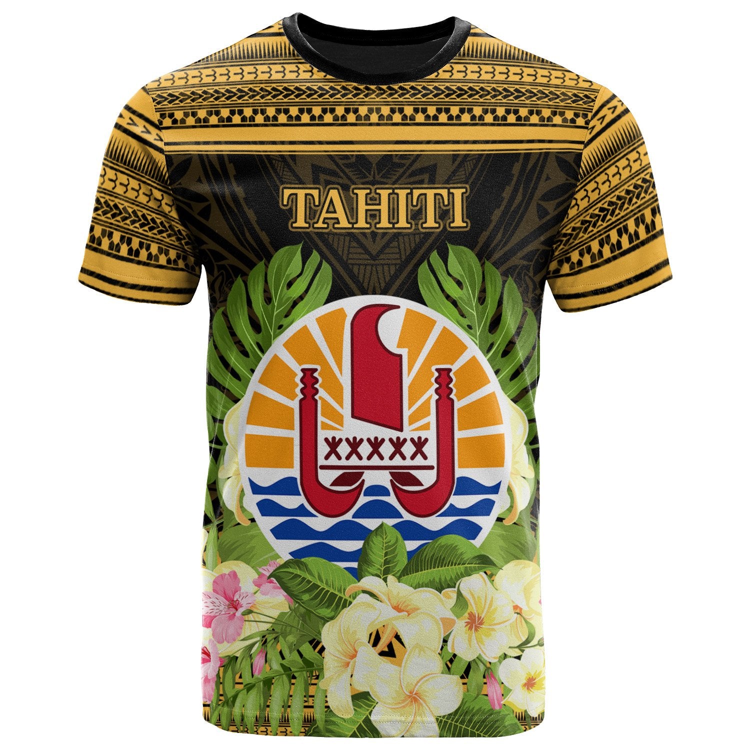 French Polynesia Tahiti T Shirt Tahiti of Seal Tropical Flowers Style Unisex Black - Polynesian Pride