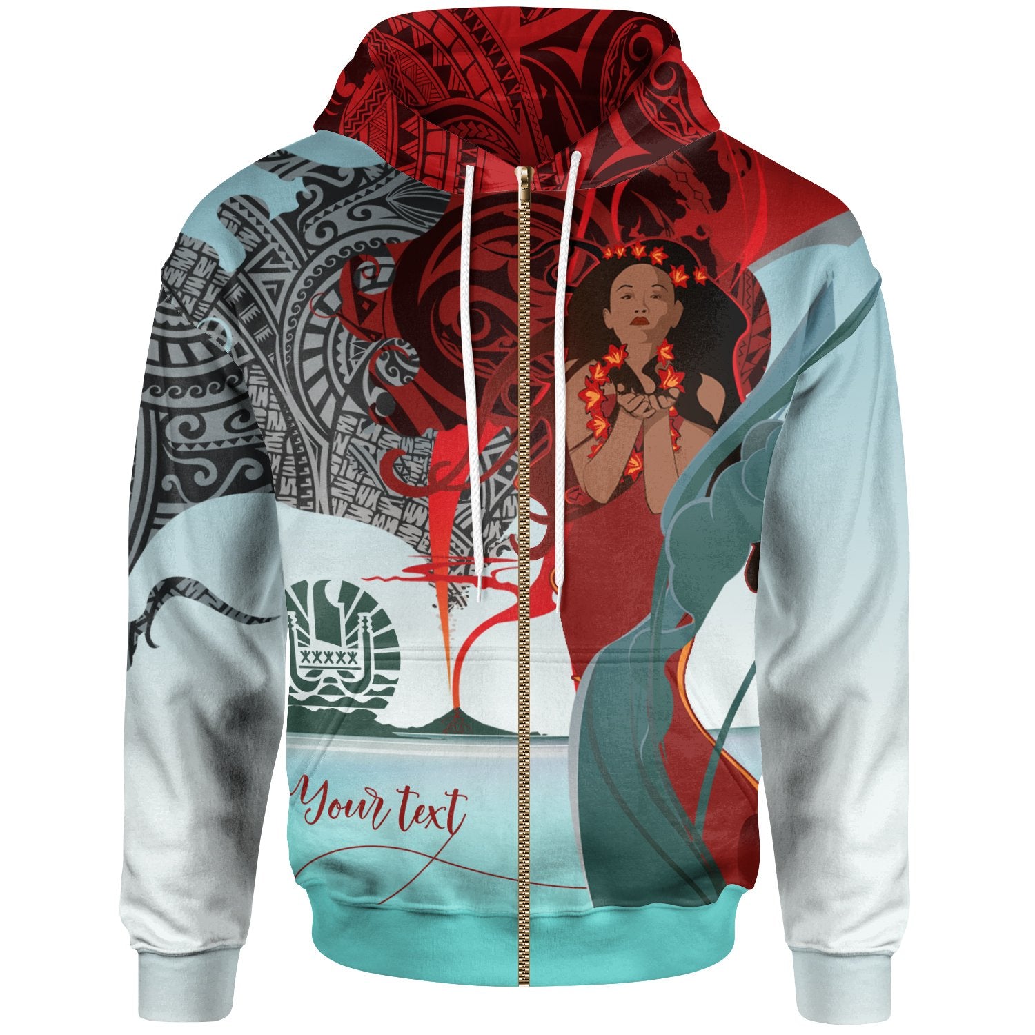 Tahiti Custom Personalized Zip up Hoodie Polynesian Girl of Volcano Unisex Red - Polynesian Pride