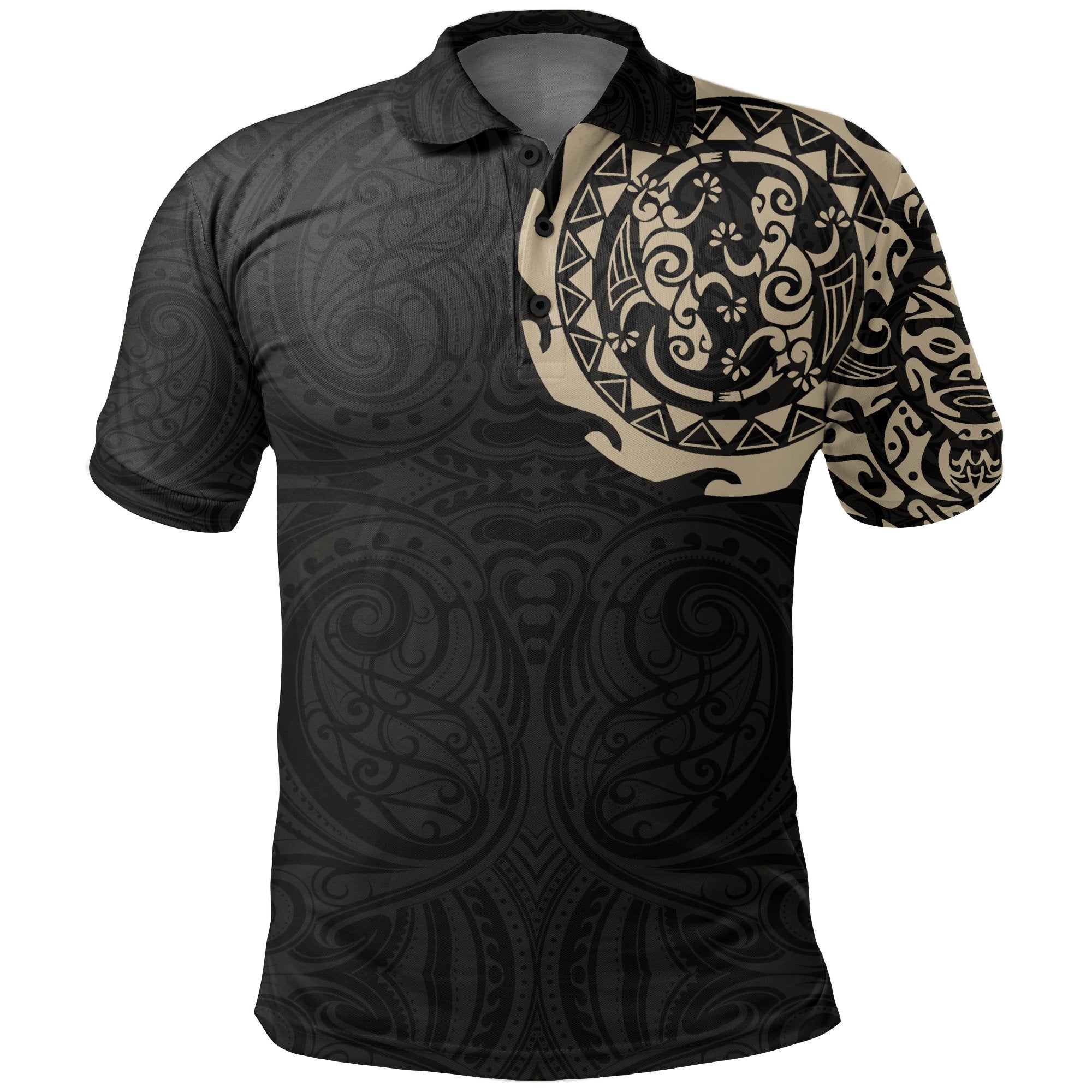 Maori Tangaroa Tattoo New Zealand Polo Shirt Tan Unisex Black - Polynesian Pride