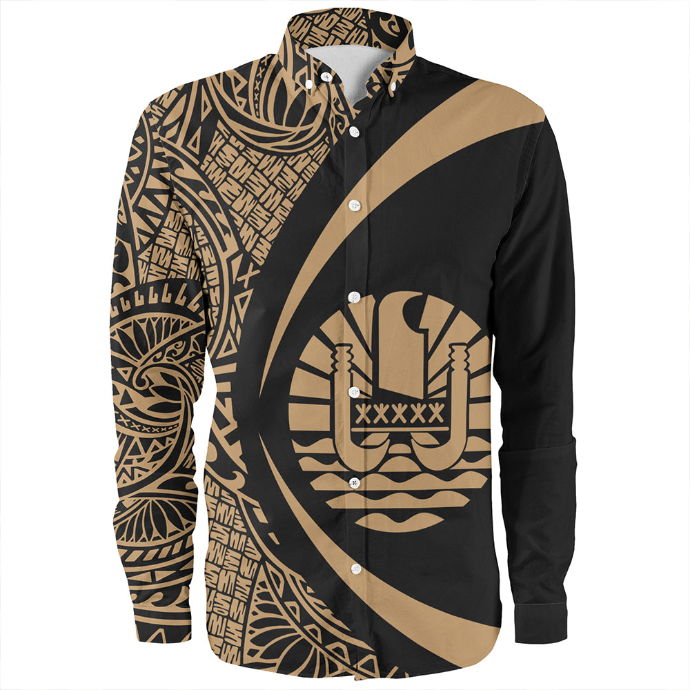 French Polynesia Long Sleeve Shirt Coat Of Arm Lauhala Gold Circle Unisex Gold - Polynesian Pride