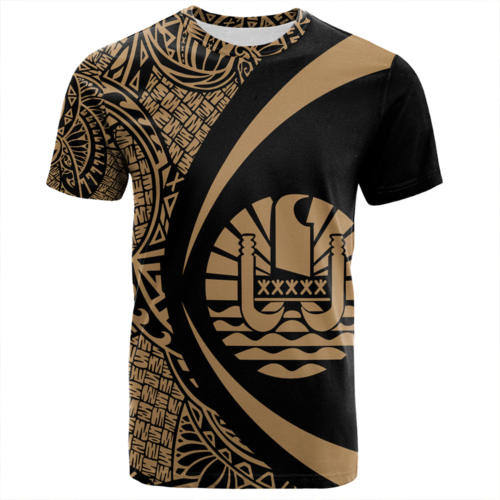 French Polynesia T Shirt Coat of Arm Lauhala Gold Circle Gold - Polynesian Pride