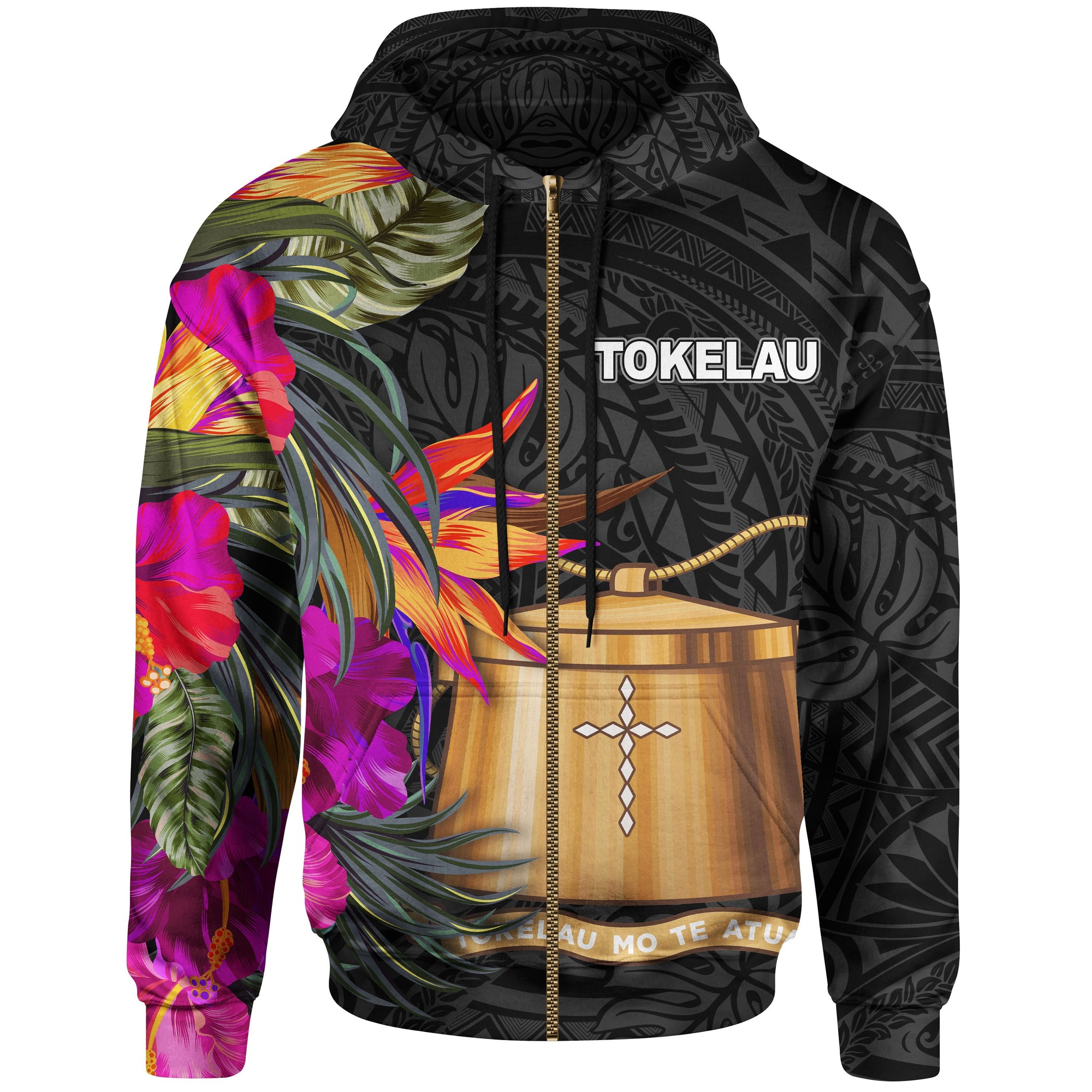 Tokelau Zip up Hoodie Polynesian Hibiscus Pattern Unisex Black - Polynesian Pride