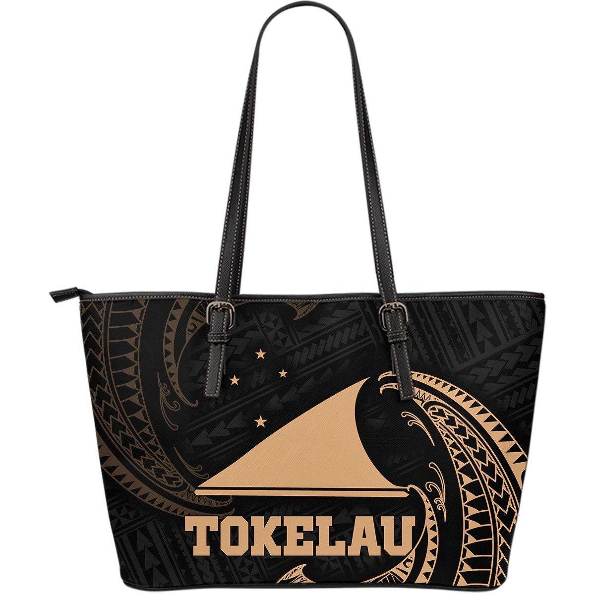 Tokelau Polynesian Leather Tote Bag - Gold Tribal Wave Black - Polynesian Pride