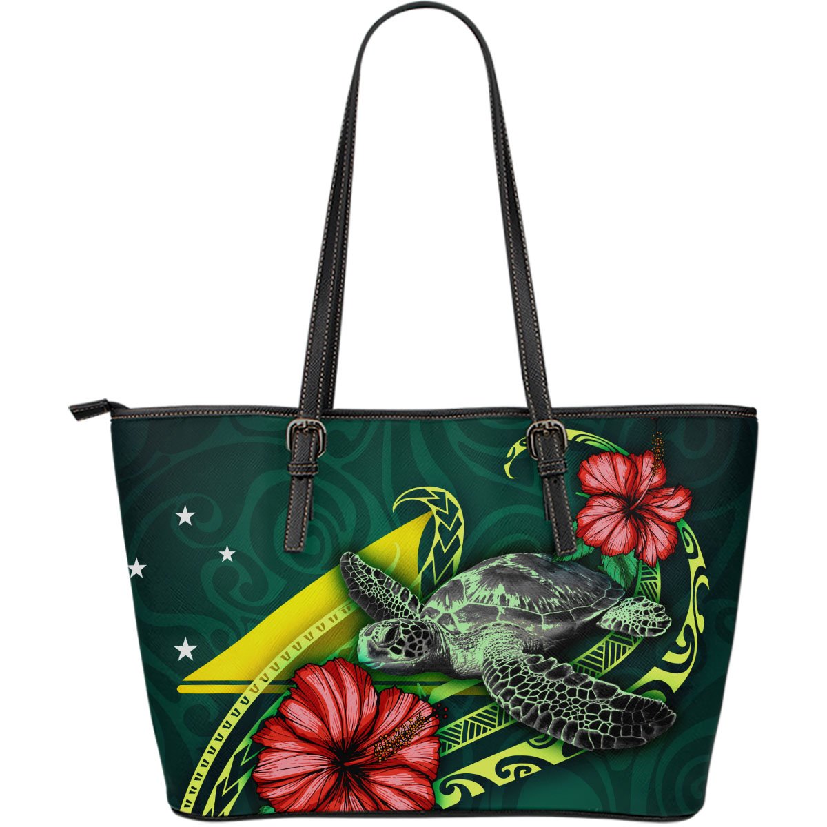 Tokelau Polynesian Leather Tote Bag - Green Turtle Hibiscus Green - Polynesian Pride