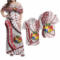 Polynesian Couple Outfits Tonga Emancipation Day Matching Dress and Hawaiian Shirt Kupesi Pattern No.2 White LT9 White - Polynesian Pride