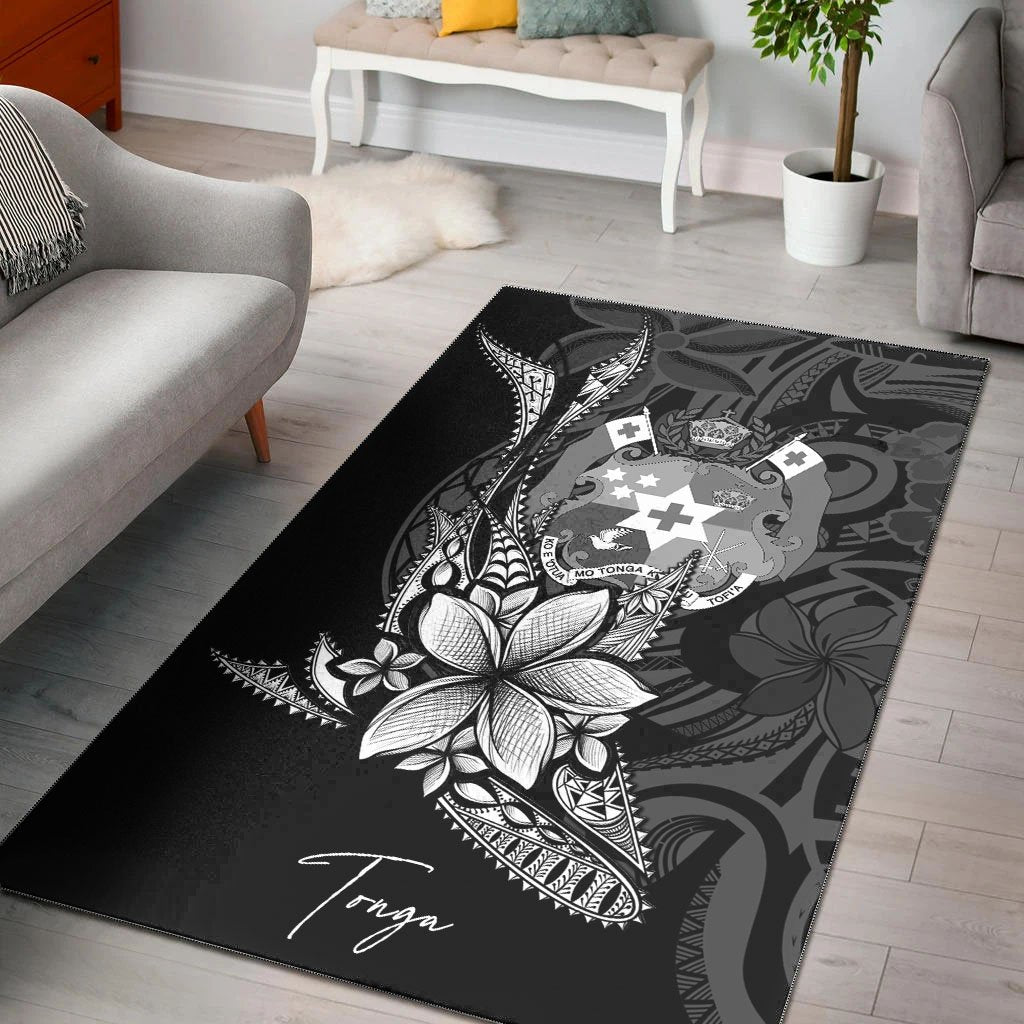 Tonga Area Rug - Fish With Plumeria Flowers Style Black - Polynesian Pride