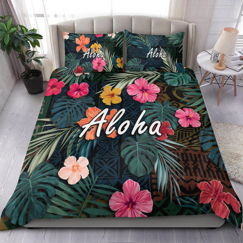 Hawaii Bedding Set Tribal Elements And Hibiscus Version LT9 Green - Polynesian Pride