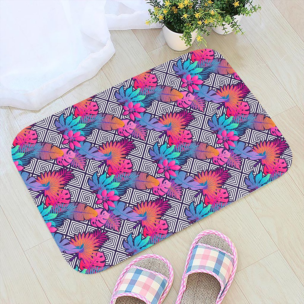 Tropical Exotic Leaves And Flowers On Geometrical Ornament. Hawaii Door Mat - Polynesian Pride