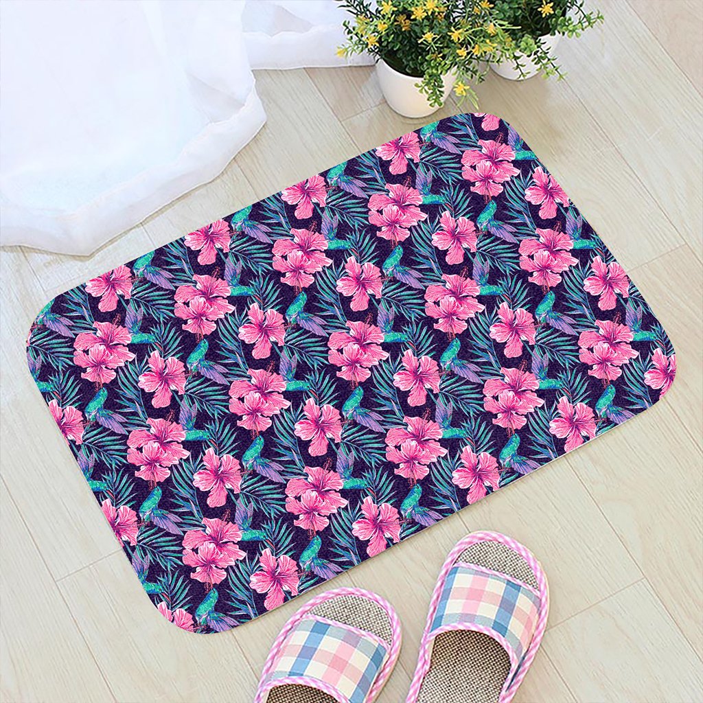 Tropical Flowers With Hummingbirds Palm Leaves Hawaii Door Mat - Polynesian Pride