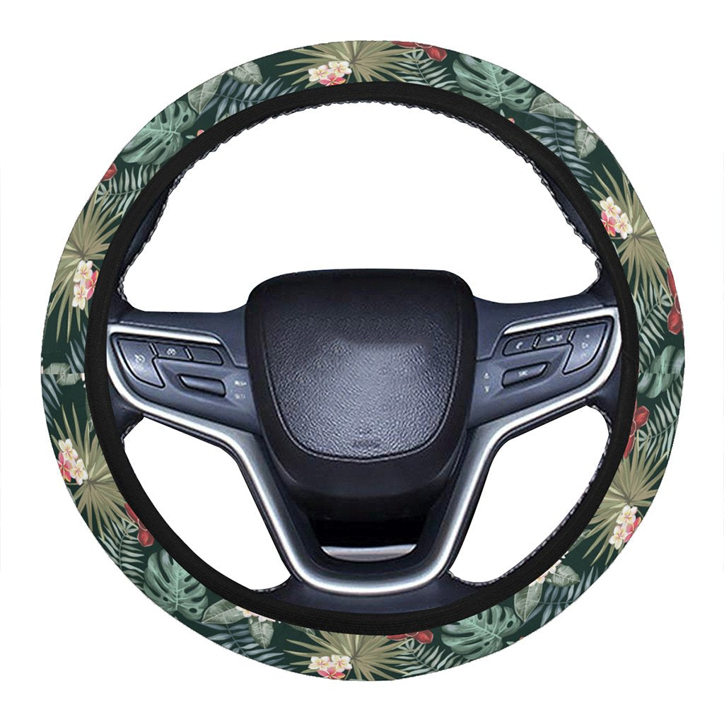 Tropical Plumeria Pattern With Palm Leaves Hawaii Universal Steering Wheel Cover with Elastic Edge One Size Blue Steering Wheel Cover - Polynesian Pride