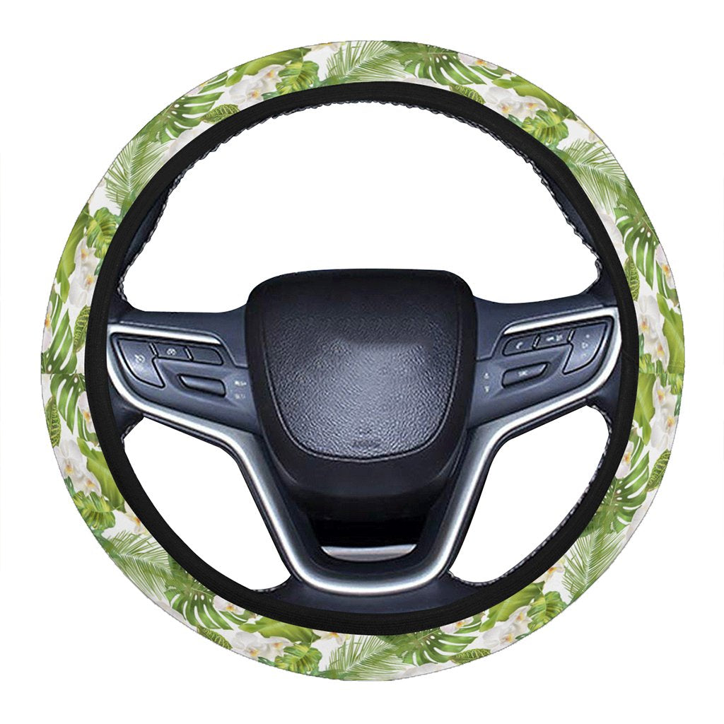 Tropical Plumeria White Hawaii Universal Steering Wheel Cover with Elastic Edge One Size White Steering Wheel Cover - Polynesian Pride