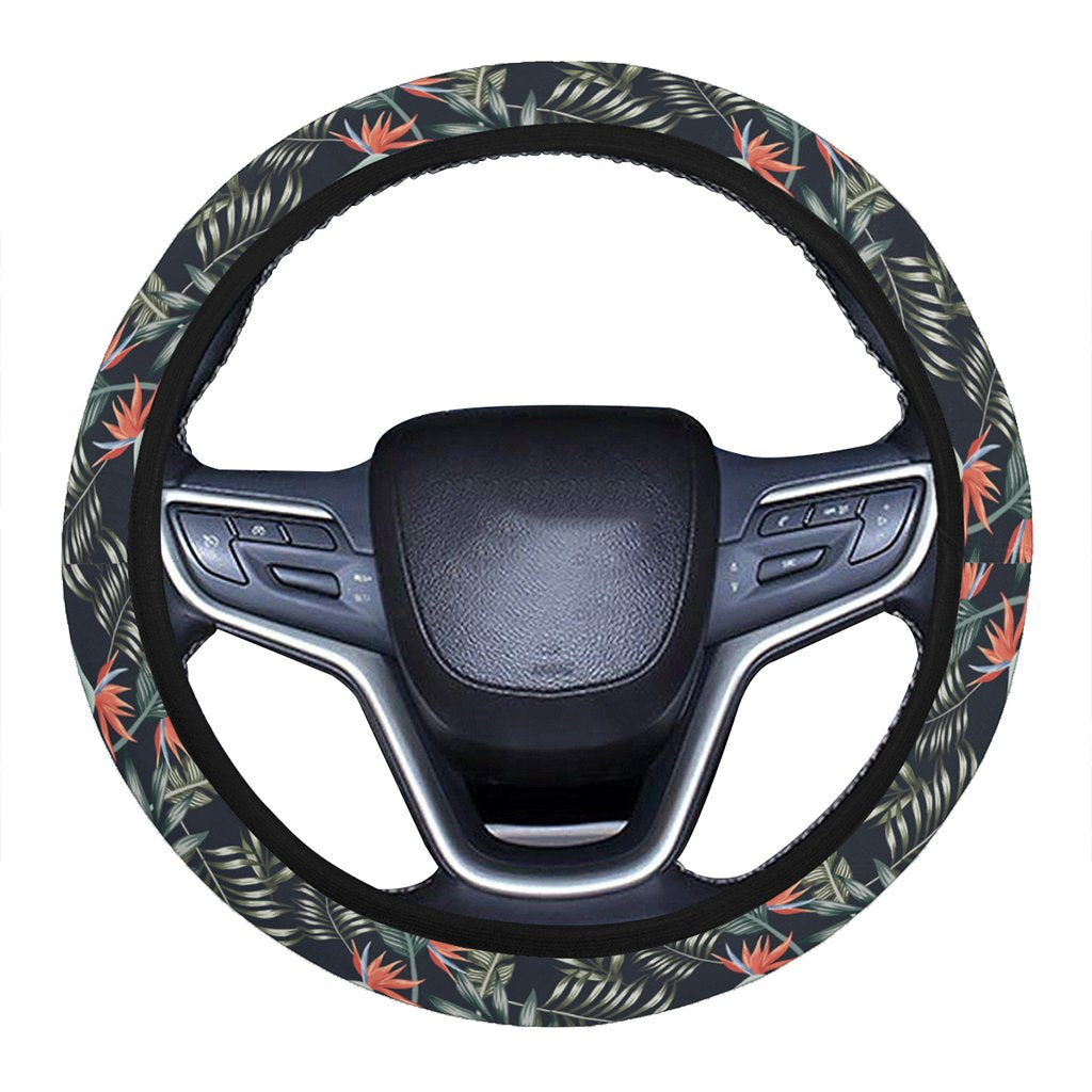 Tropical Strelitzia Black Hawaii Universal Steering Wheel Cover with Elastic Edge One Size Blue Steering Wheel Cover - Polynesian Pride