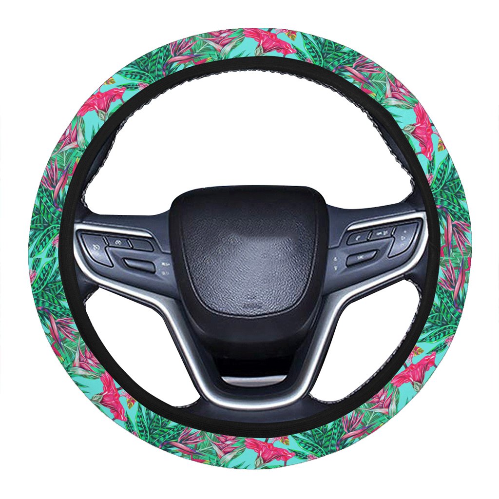 Tropical Strelitzia Blue Hawaii Universal Steering Wheel Cover with Elastic Edge One Size Blue Steering Wheel Cover - Polynesian Pride