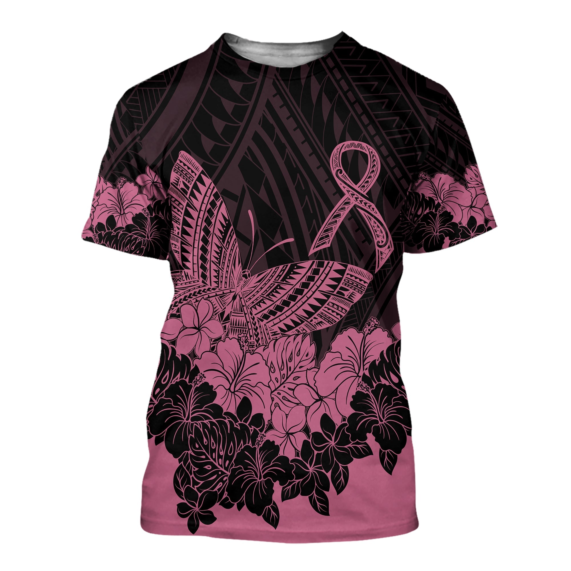 Polynesian Breast Cancer Awareness T Shirt Floral Butterfly LT7 Black - Polynesian Pride