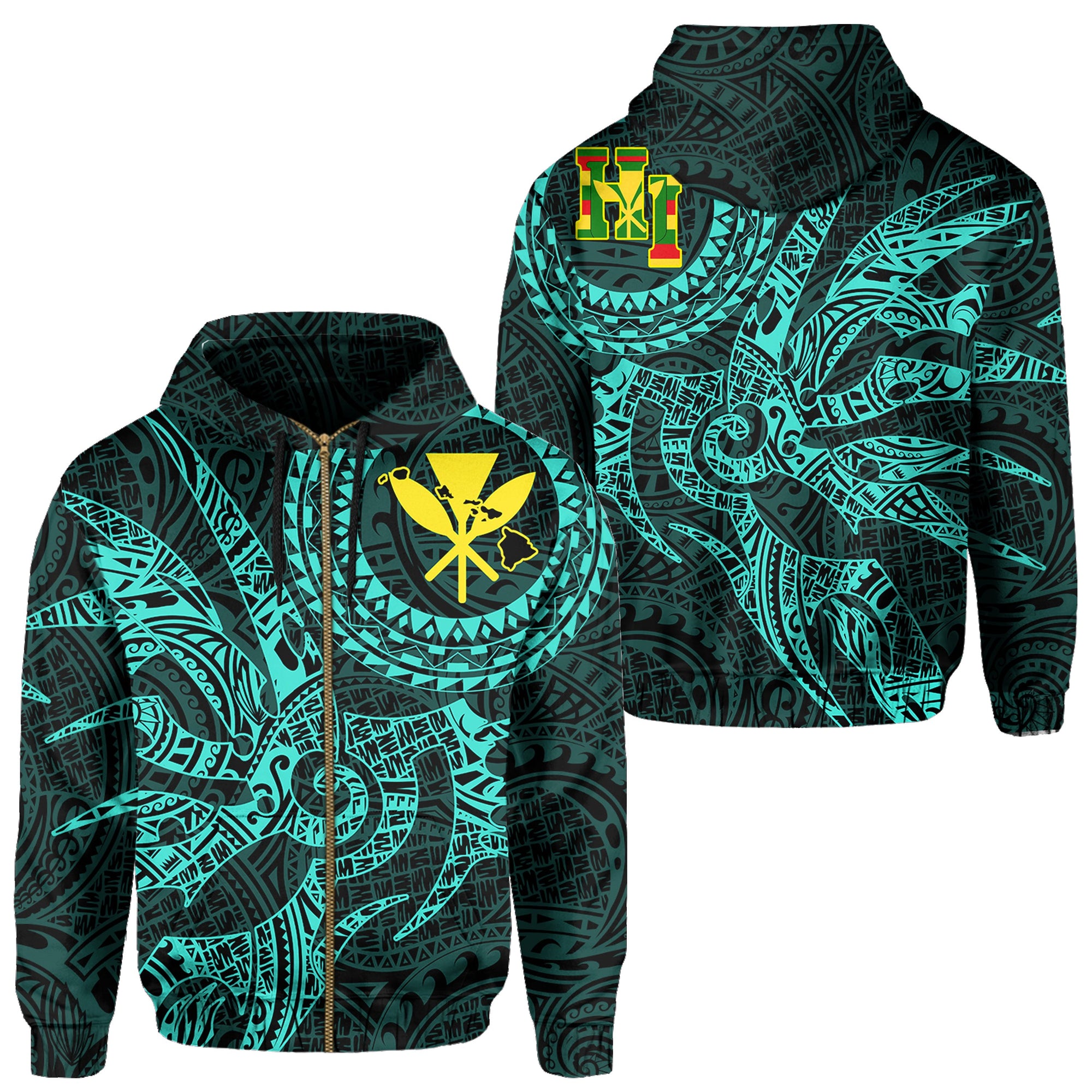 Hawaii Hoodie Zip Polynesian Kanaka Map Hawaiian Hoodie Zip Turquoise TT Style Unisex Turquoise - Polynesian Pride