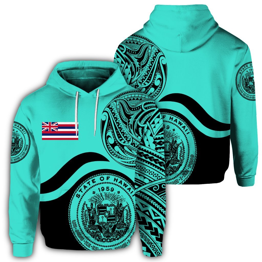 Hawaii Coat of Arms Hoodie Waveshape Style Turquoise Unisex Art - Polynesian Pride