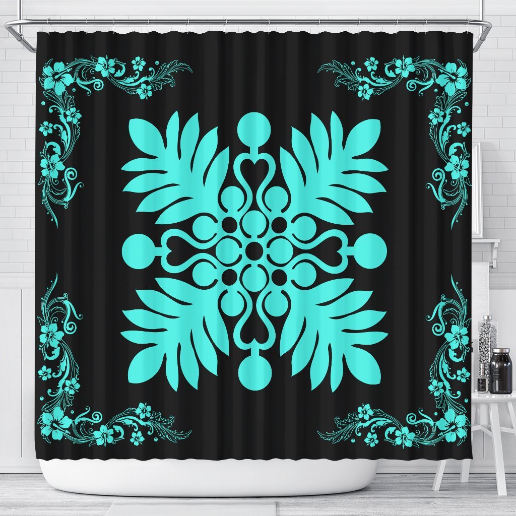 Hawaiian Quilt Maui Plant And Hibiscus Shower Curtain - Turquoise Black - AH 177 x 172 (cm) Turquoise - Polynesian Pride