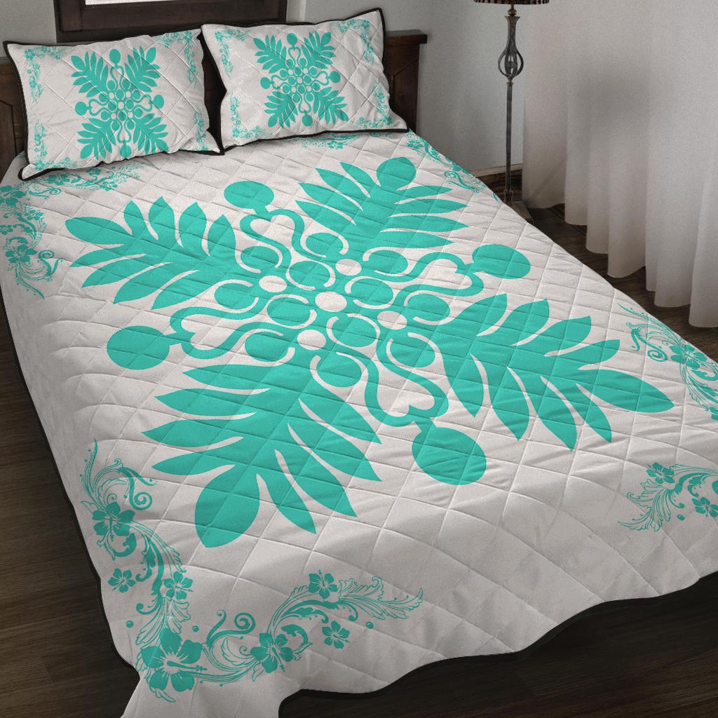 Hawaiian Quilt Maui Plant And Hibiscus Pattern Quilt Bed Set - Turquoise White - AH - Polynesian Pride
