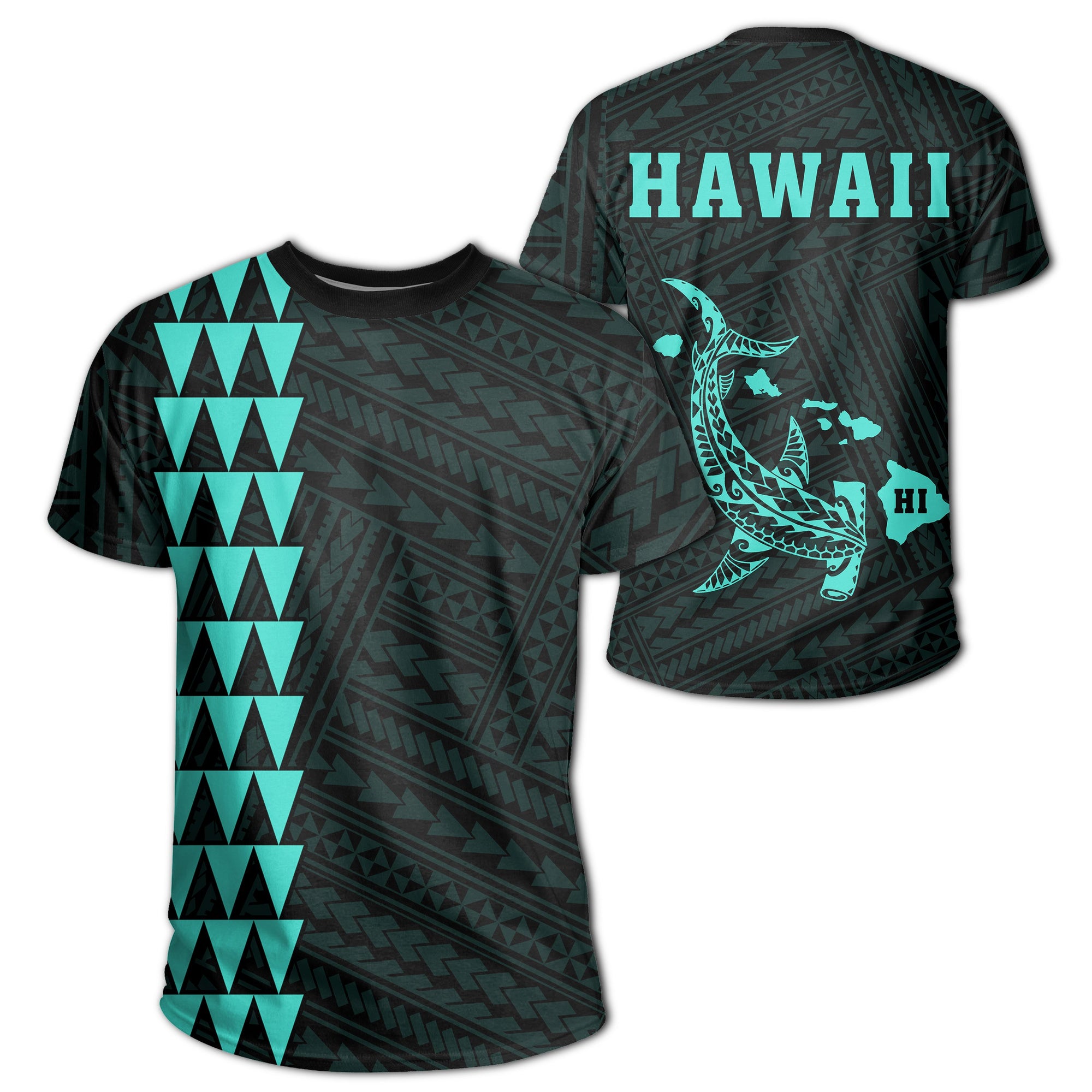 Hawaii Kakau Hammerhead Shark T Shirt Turquoise Unisex Turquoise - Polynesian Pride