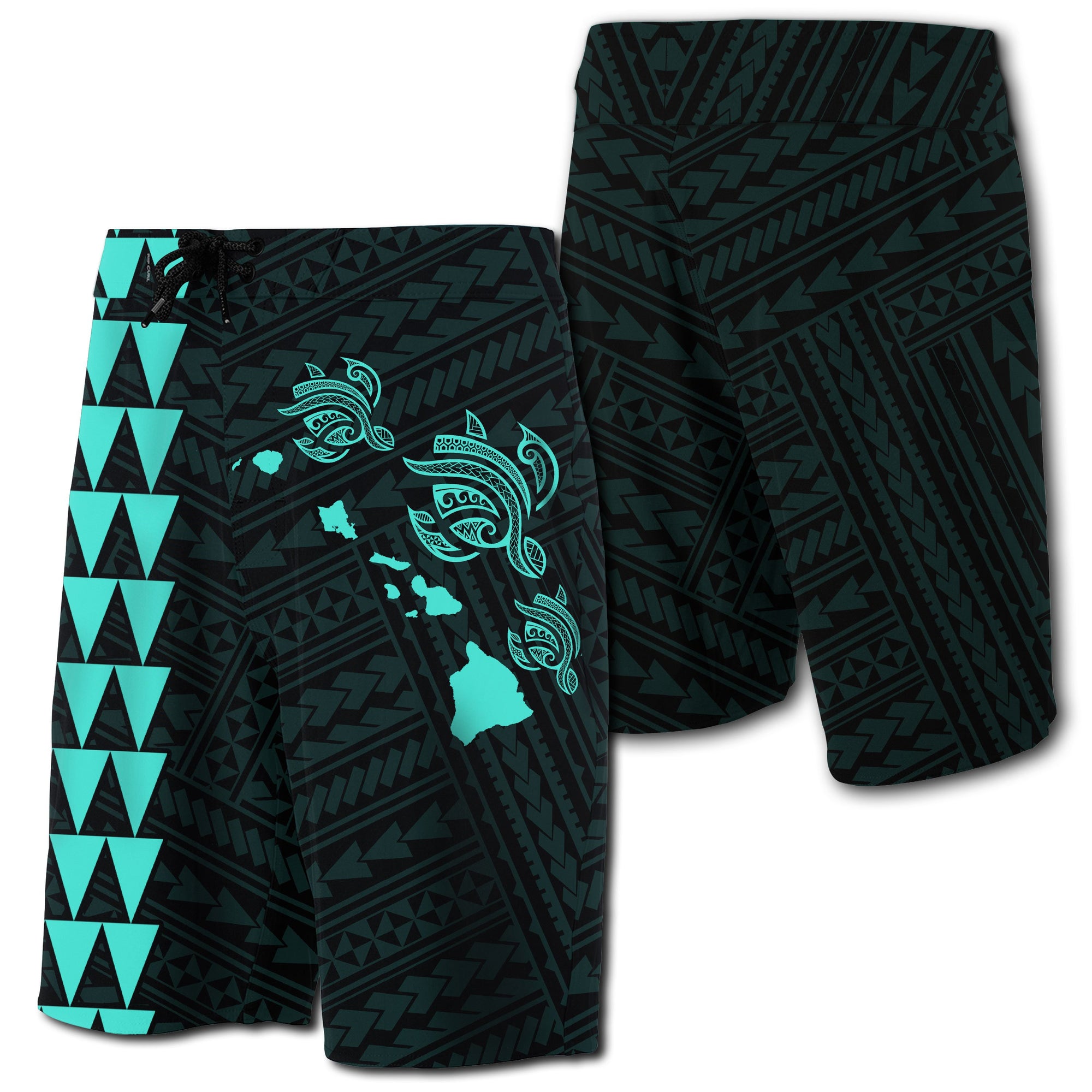 Hawaii Kakau Polynesian Three Turtles Map Board Shorts - Turquoise Men Turquoise - Polynesian Pride