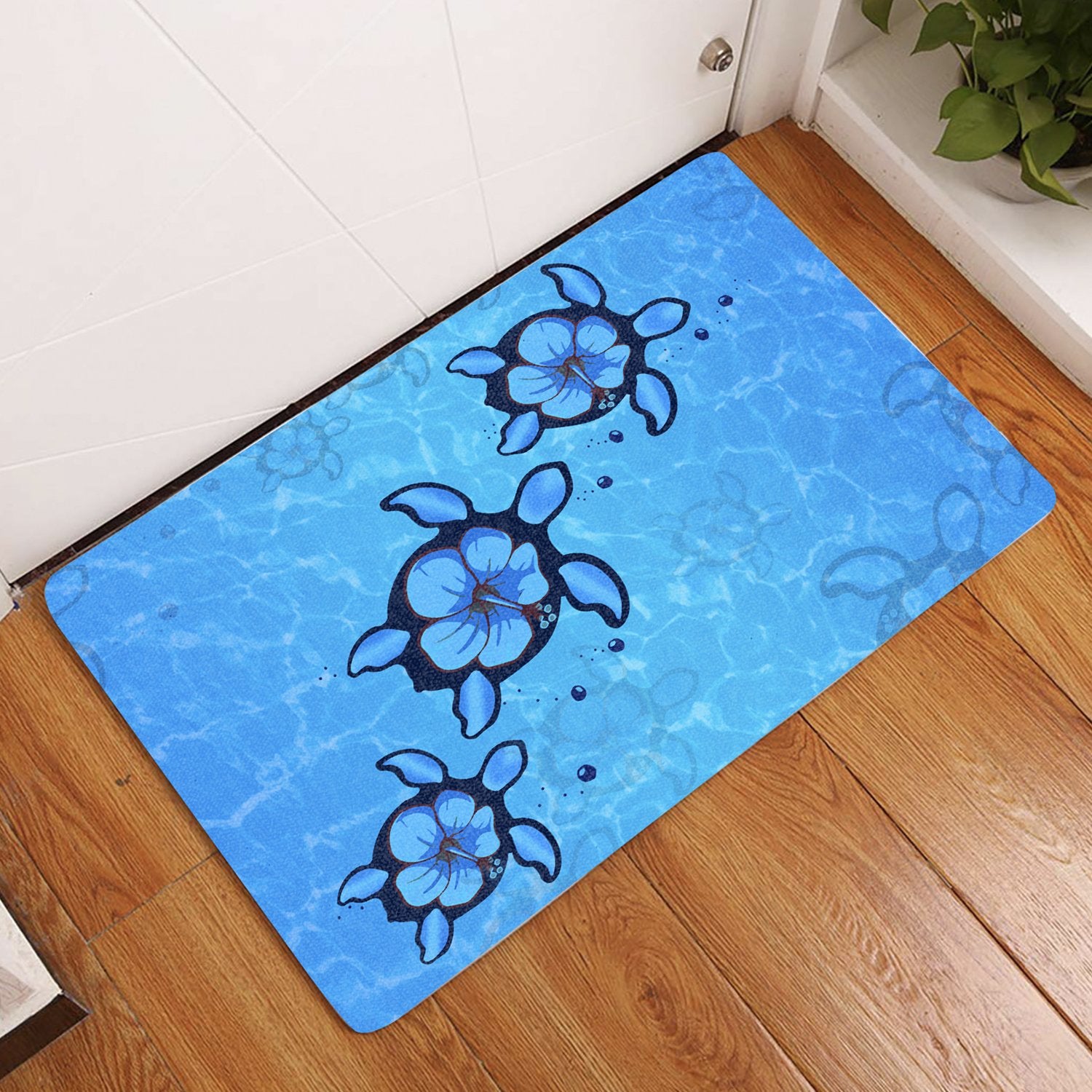 Turtle Hibiscus Swim In Sea Door Mat AH Door Mat Black - Polynesian Pride