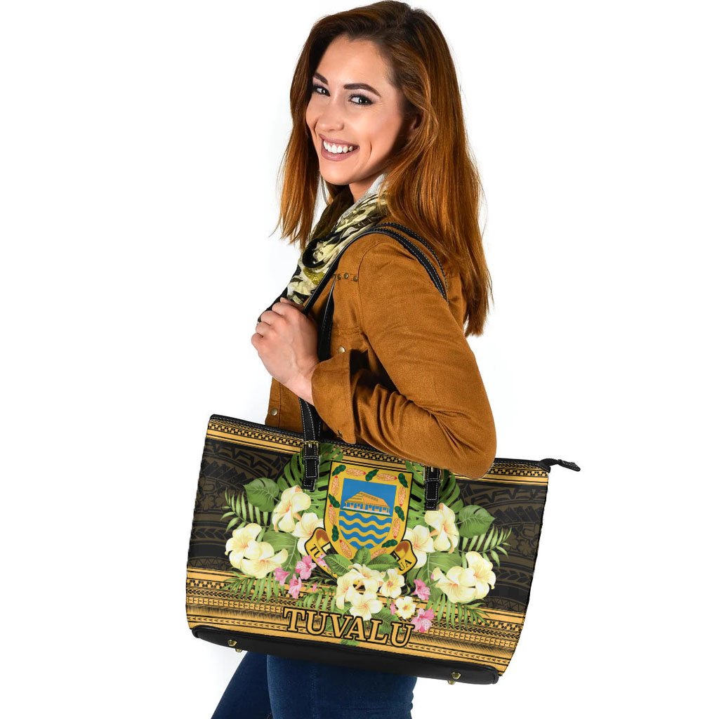 Tuvalu Leather Tote - Polynesian Gold Patterns Collection Black - Polynesian Pride