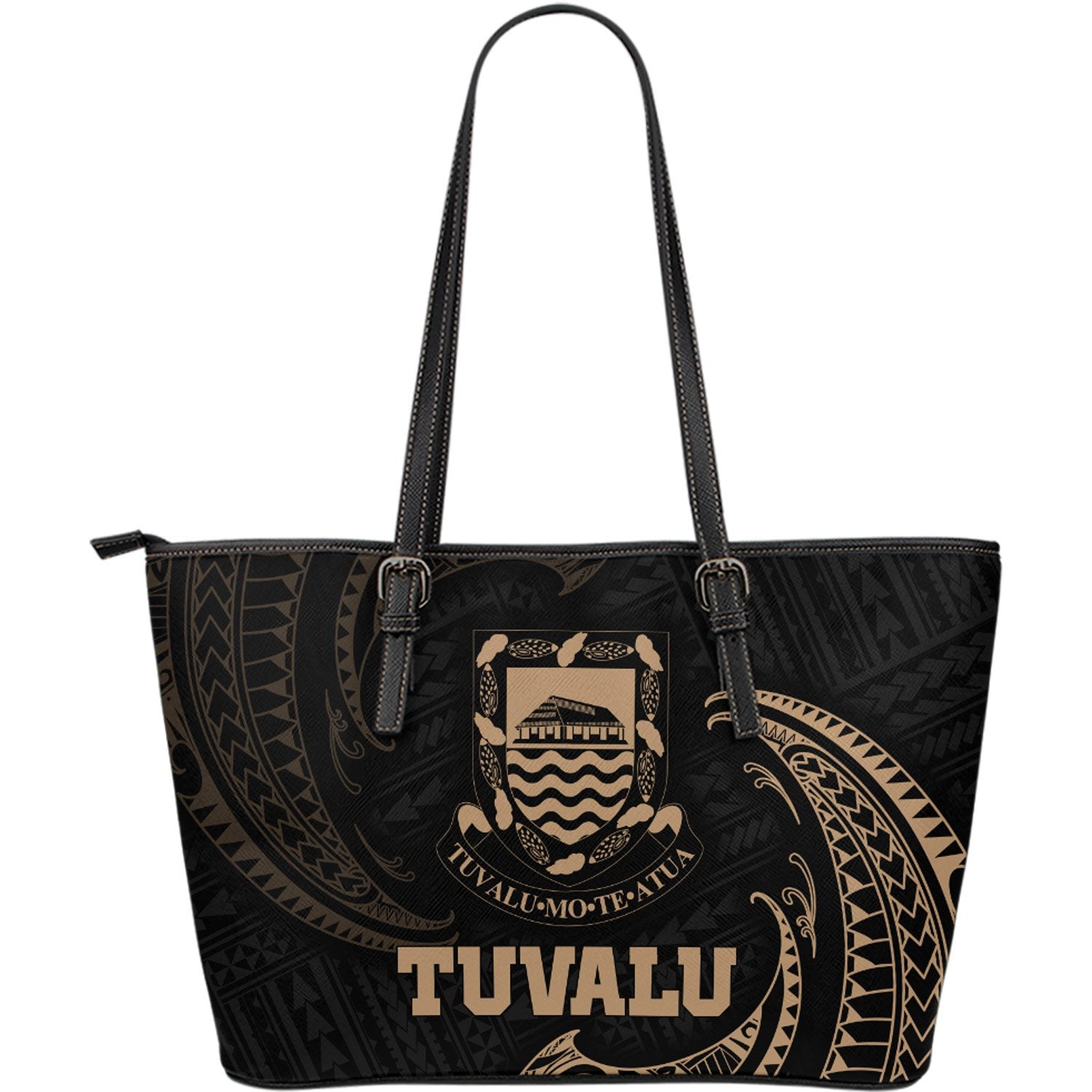 Tuvalu Polynesian Leather Tote Bag - Gold Tribal Wave Gold - Polynesian Pride