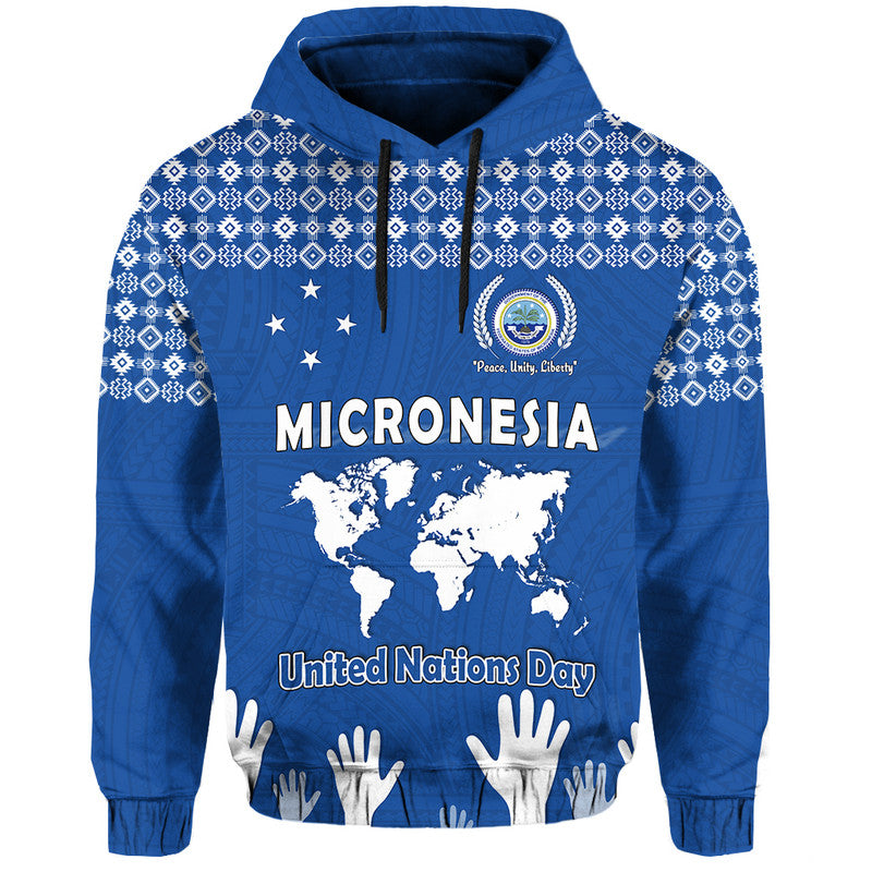 Custom Federated States of Micronesia United Nations Day Hoodie Blue Simple World Map Version LT9 Pullover Hoodie Blue - Polynesian Pride