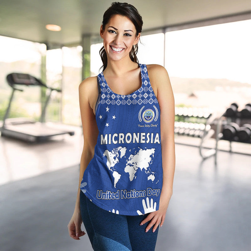 Federated States of Micronesia United Nations Day Women Racerback Tank Blue Simple World Map Version LT9 Blue - Polynesian Pride