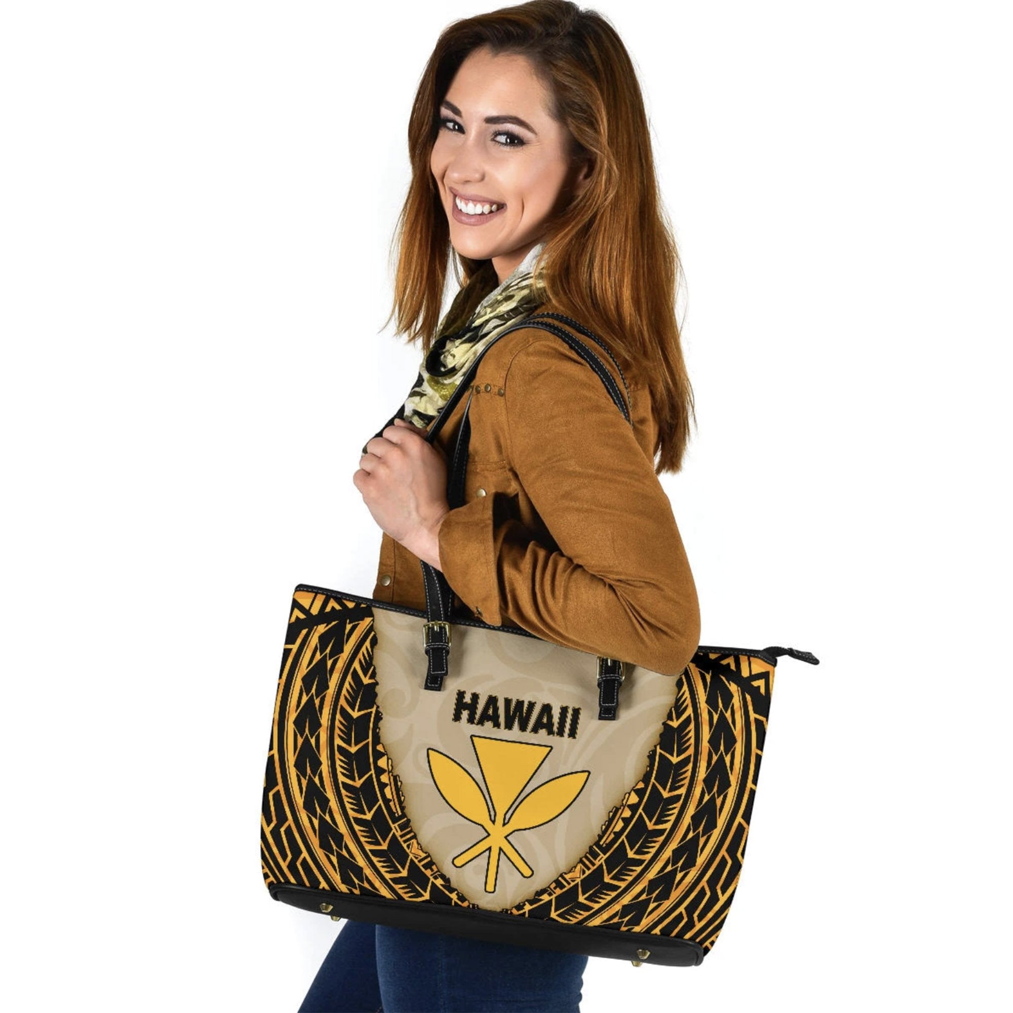 Hawaii Large Leather Tote - Polynesian Wild Style Beige - Polynesian Pride