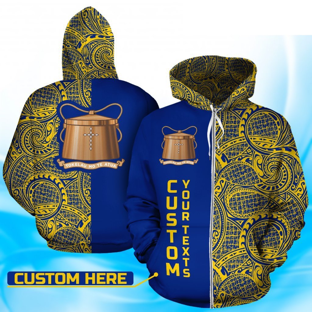 Tokelau Custom Zip up Hoodie Tokelau Coat of Arms Polynesian Tattoo Half Style TH0 Unisex Blue - Polynesian Pride